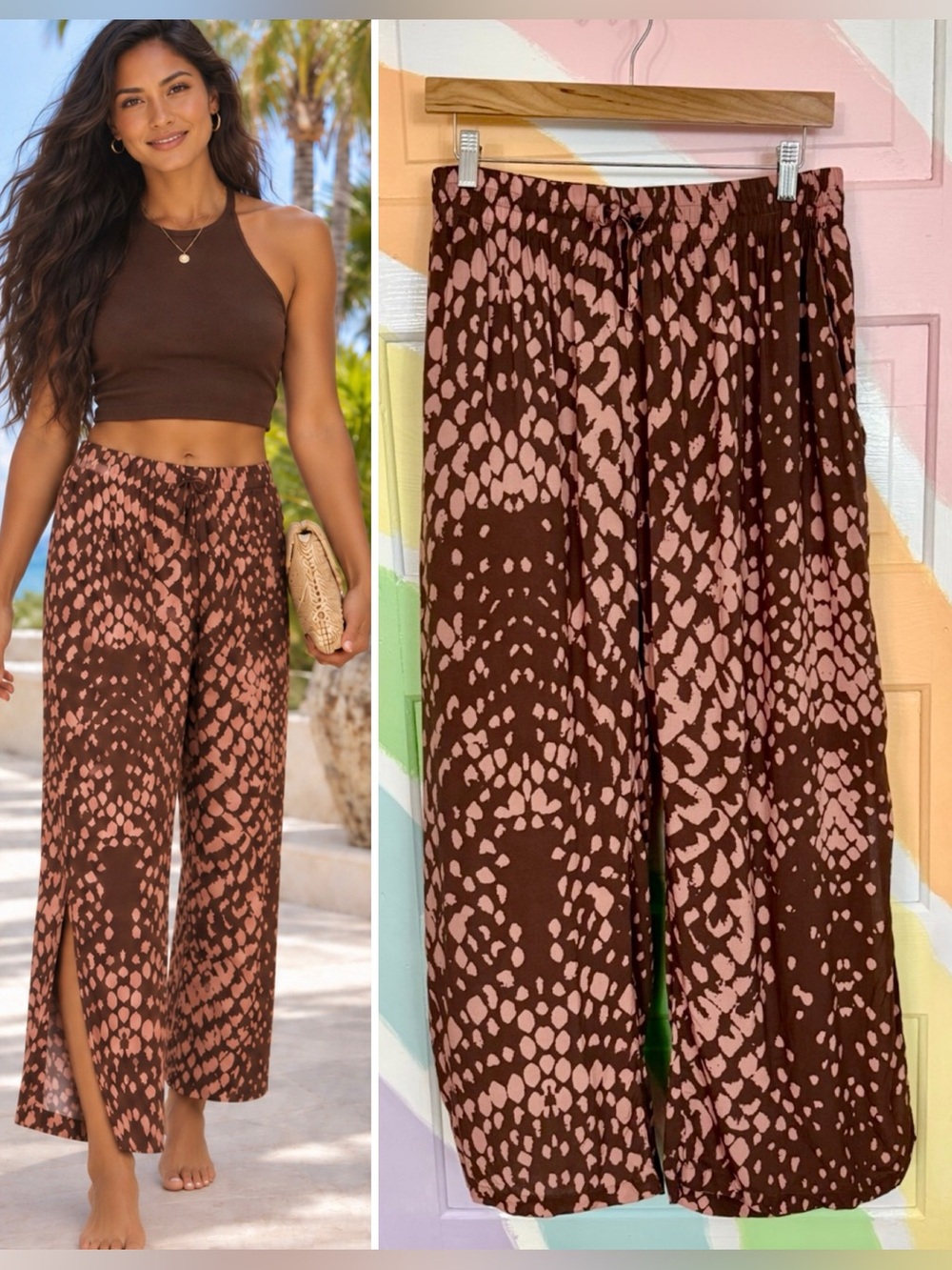 Malai Duks Python Print Split-Leg Beach Cover-Up Pants Brown Pink M 💛🍄